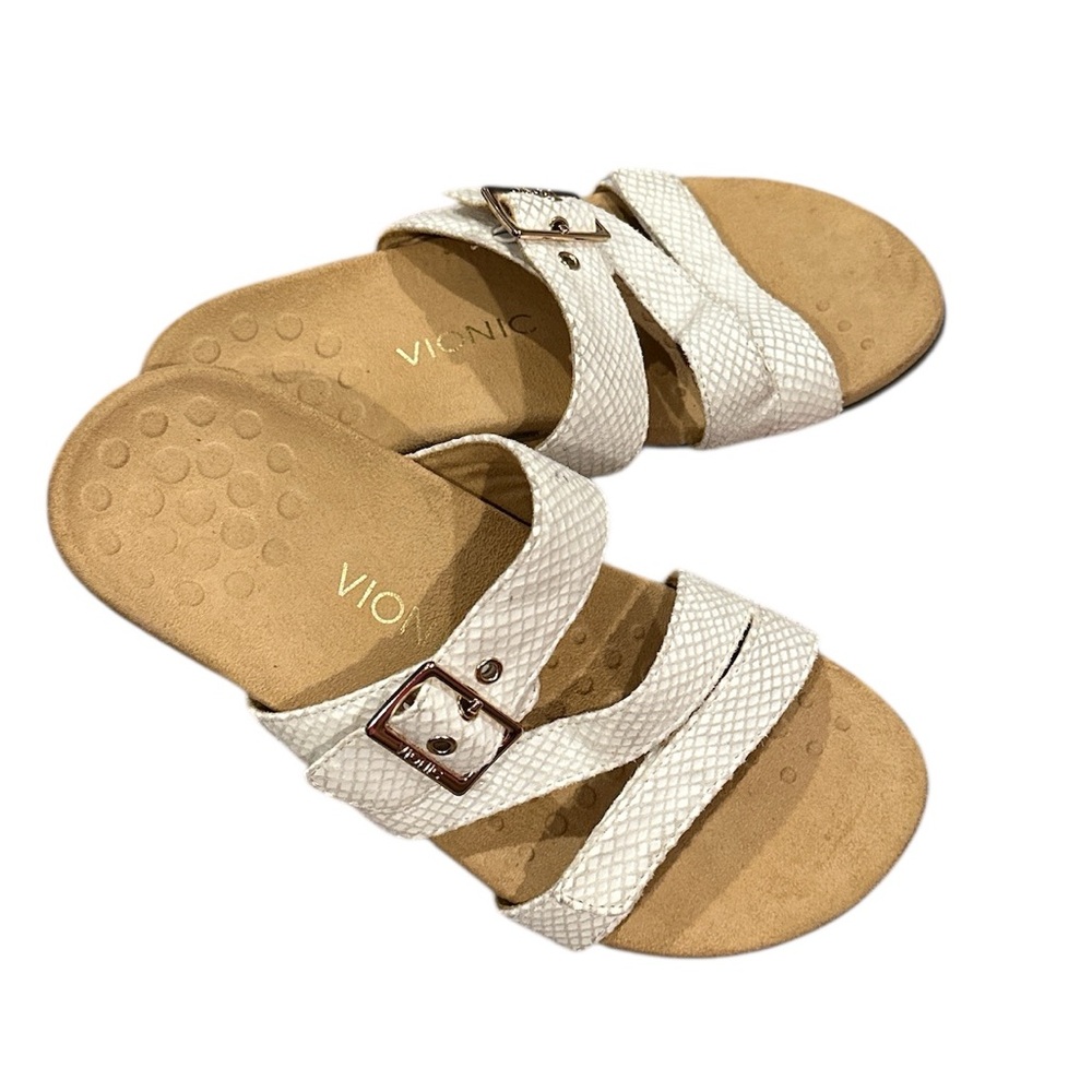 Vionic White Skylar Snakeskin Python Slide Goldto… - image 1